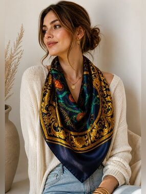 Italian Made Scarf 35” Baroque Chain Print Navy Gold Square Polyester Luxury